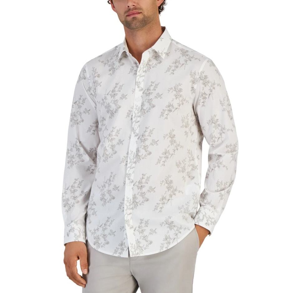 Alfani Men's White Floral Cotton Long Sleeve Button Down Casual Shirt Size M