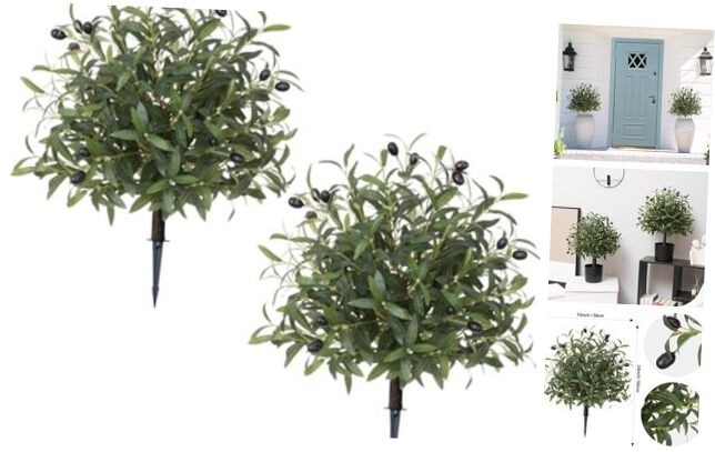 Artificial Topiary Ball Olive Tree Outdoor Plants with Spike, 2 Pack Faux