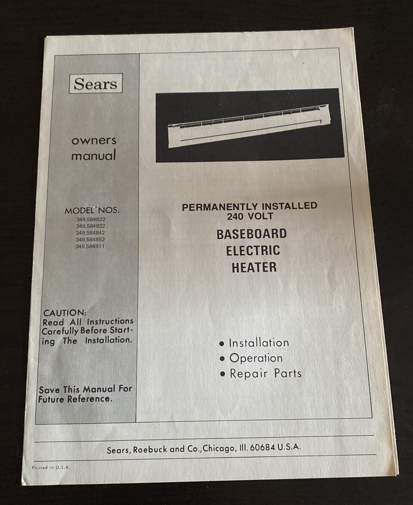 Sears Baseboard Electric Heater Owners Manual Vintage Instructions