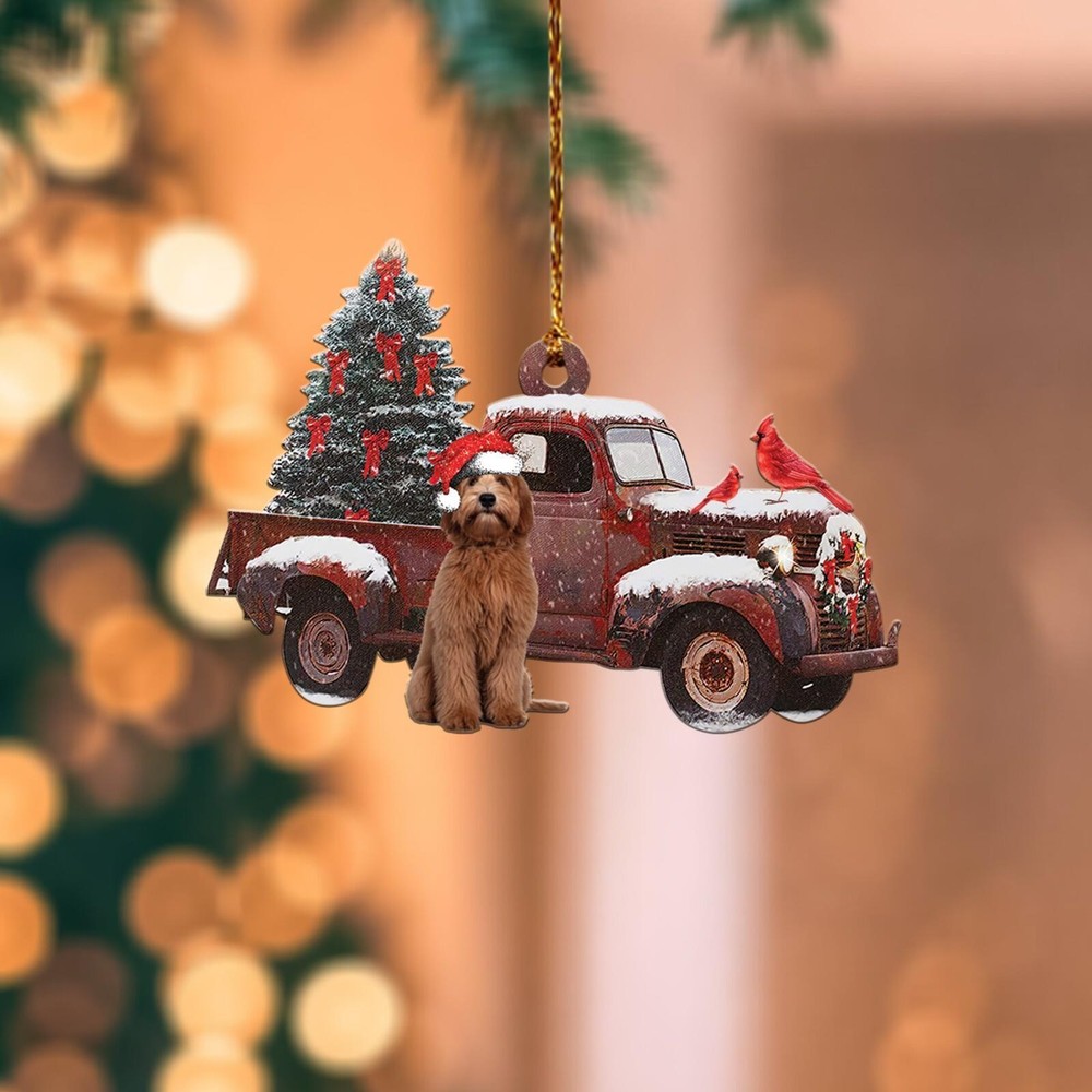Labradoodle dog Christmas Ornament  Dog in red truck tree Christmas Ornament