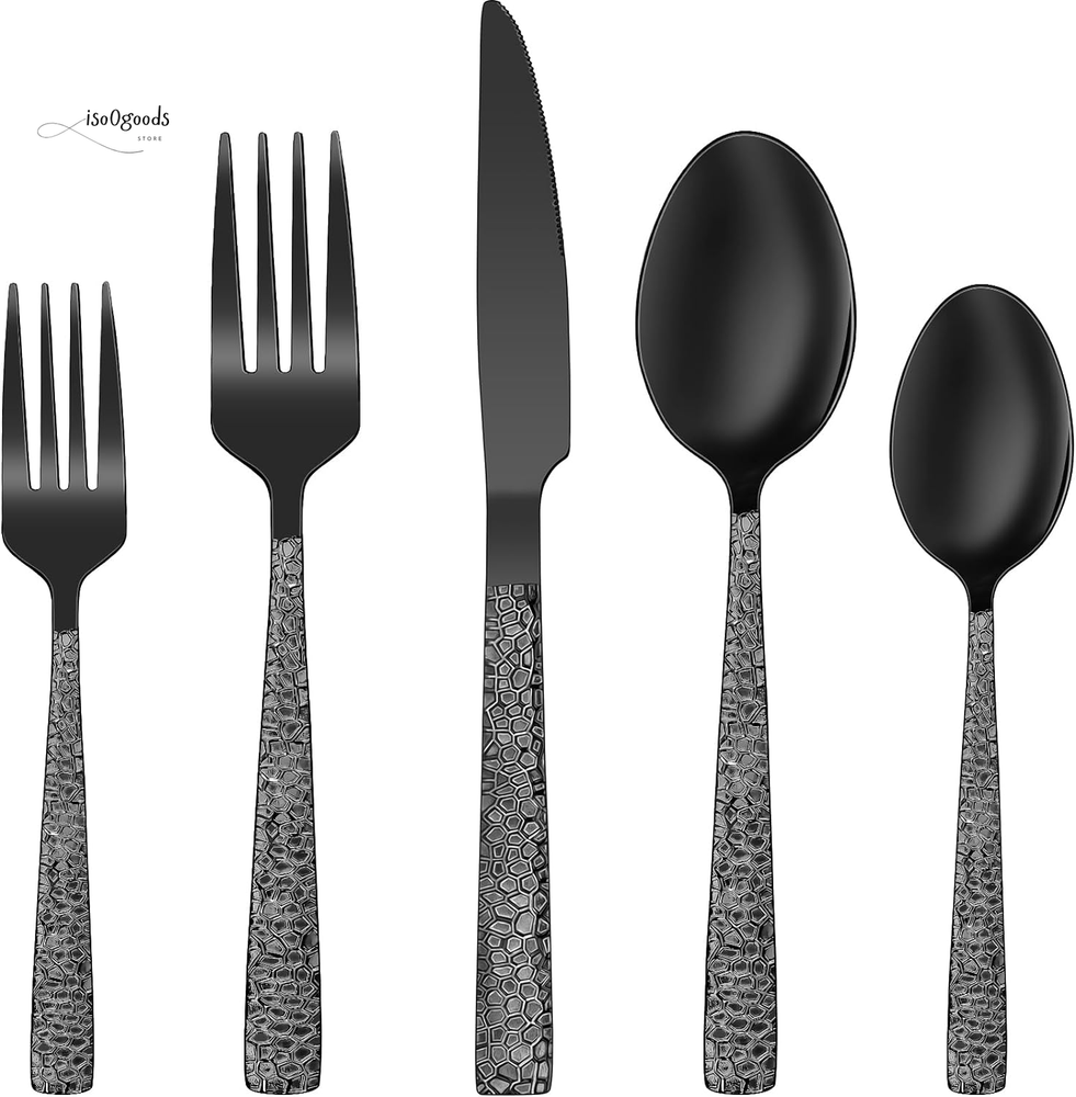 Black Hammered Silverware Set 20-Piece Stainless Steel Square Flatware Set for 4