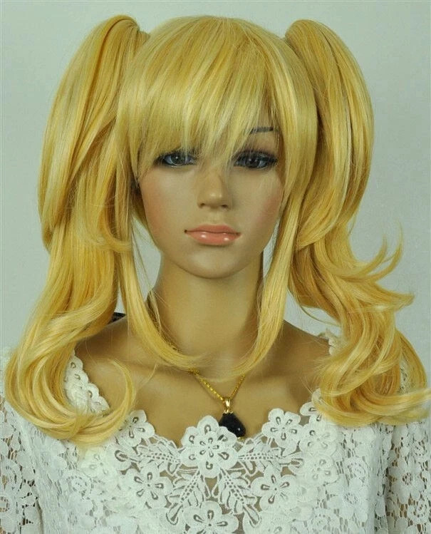 Blonde Wavy Medium Pigtail Ponytail Women Cosplay Party Anime Hair Wig Wigs