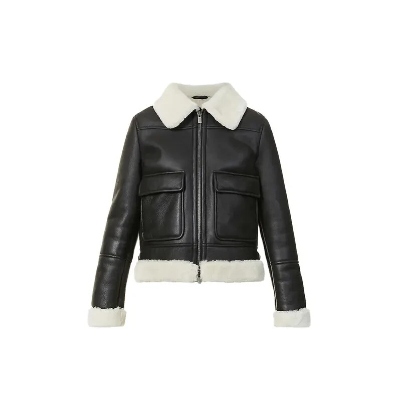 NEW Women’s Black Real Shearling Big Collar Fur Premium Leather Jacket NWT