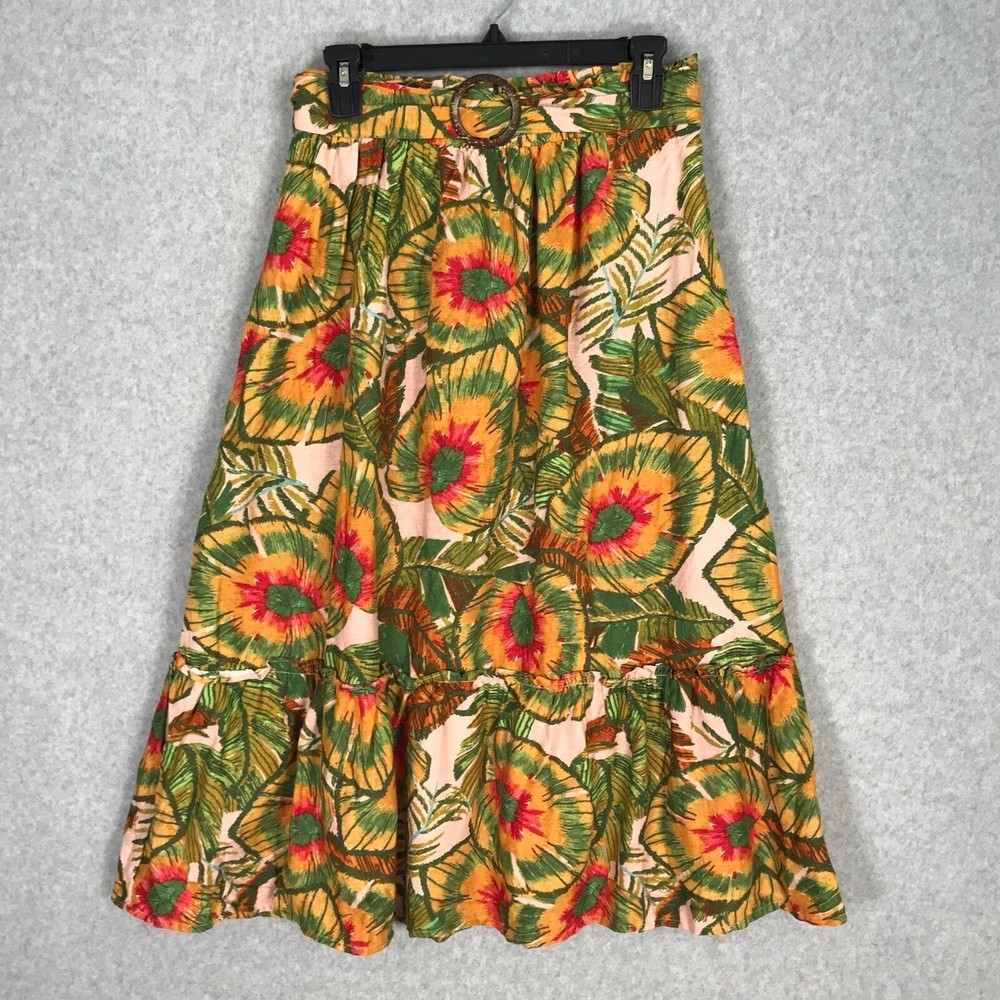 Cynthia Rowley Tiered Linen Midi Skirt XS Peasant Palm Tropical Resort Cruise