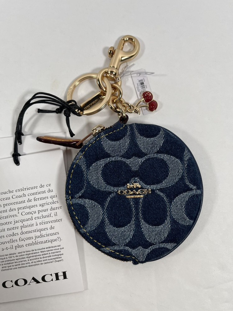 NEW Coach Circular Coin Pouch Bag Charm In Signature Gold/Denim/Natural CZ256