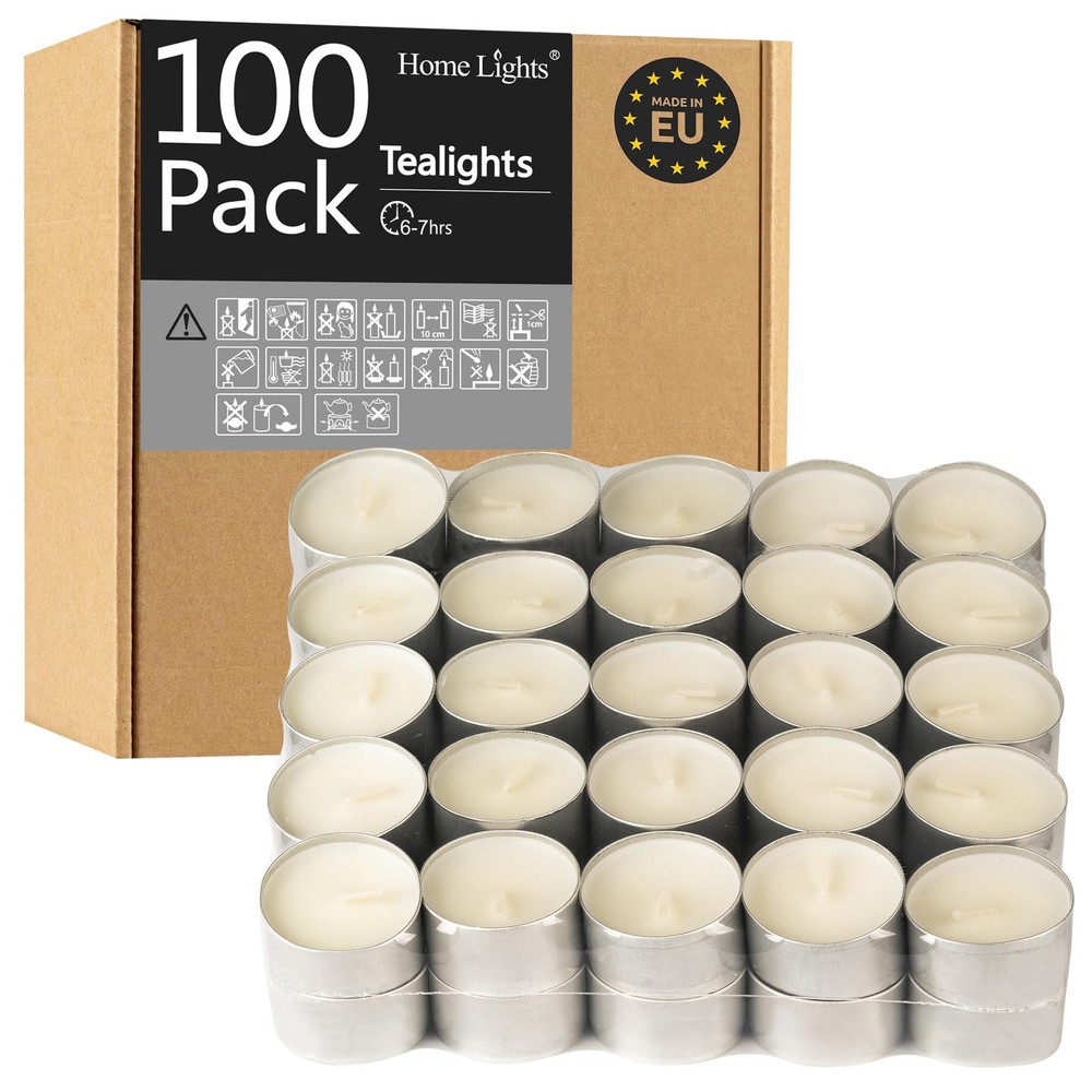 HomeLights 100-Pack Unscented White Tealights with 6-7 Hour Burn Time