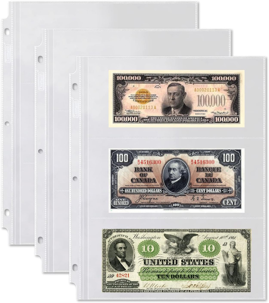 25-Sheet Currency Protector Pages with 3 Pockets for 3-Ring Binders