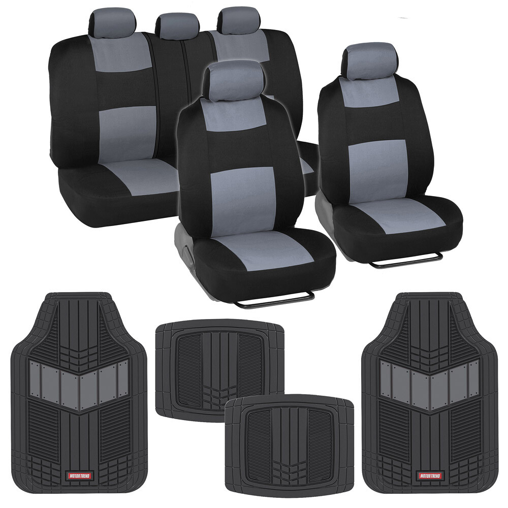 Sporty Two Tone Seat Cover Set with Matching Heavy Duty Rubber Floor Mats - Gray