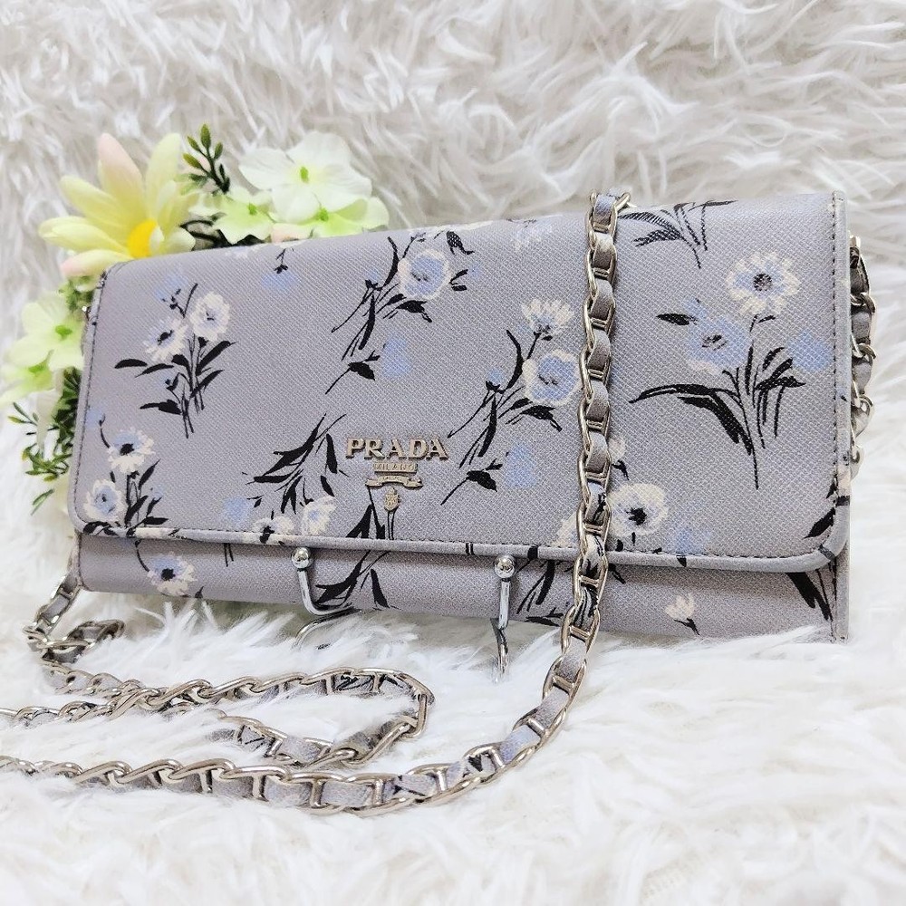 Prada Gray Floral Leather Chain Wallet with Silver Metal Hardware