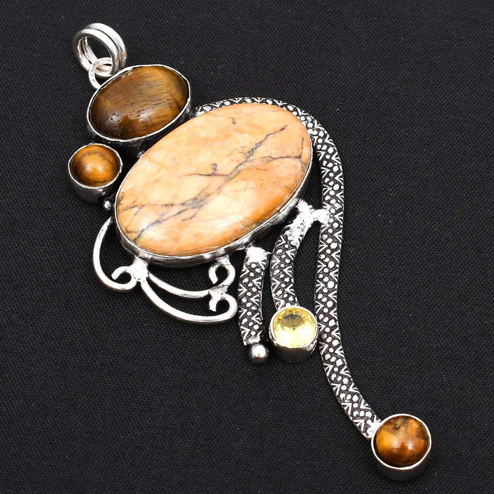 Dendrite Opal Tiger Eye Gemstone Ethnic Handmade Pendant Jewelry 3.48