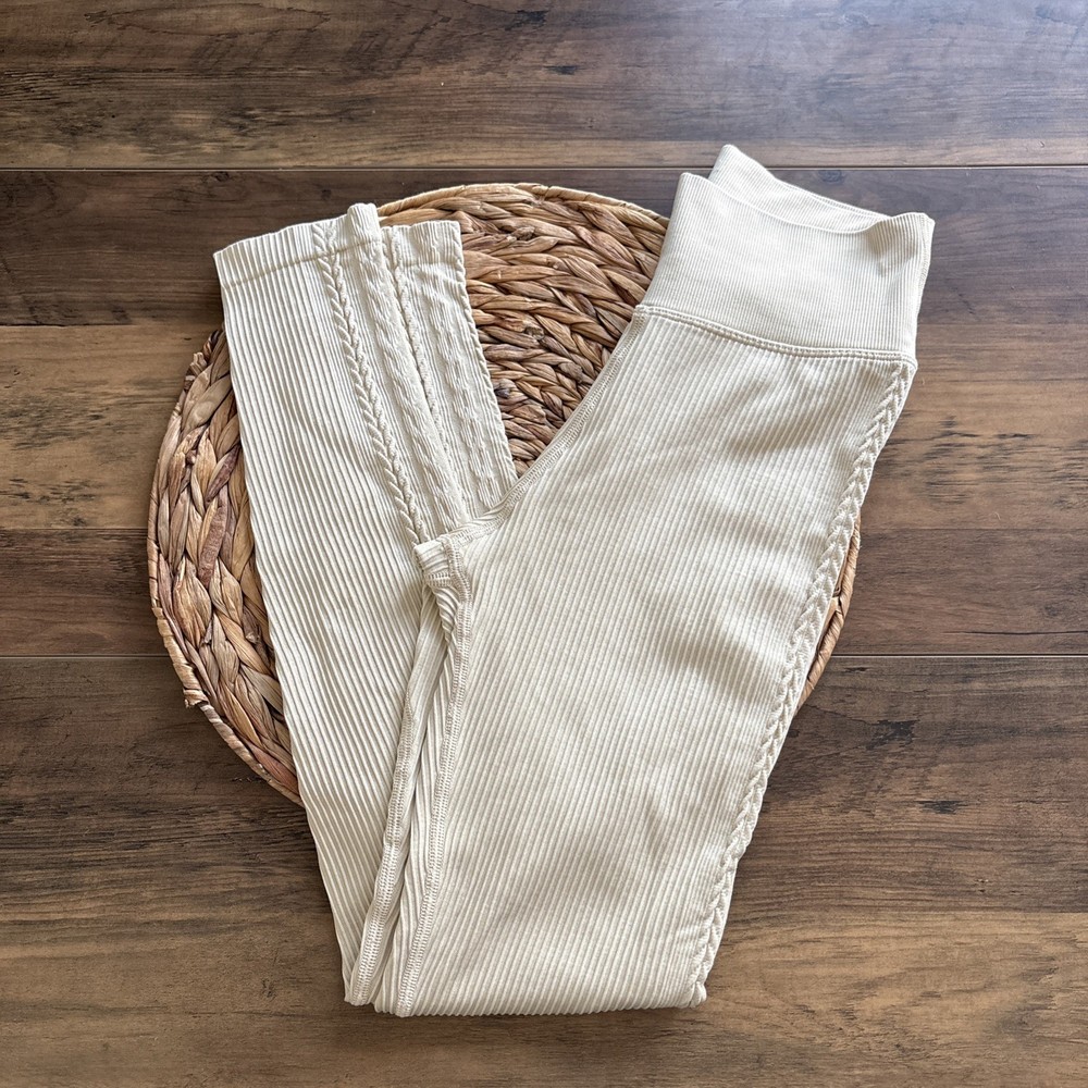 Aerie Offline Ivory Cream Ribbed Compression Leggings with Braided Side Detail Size Small
