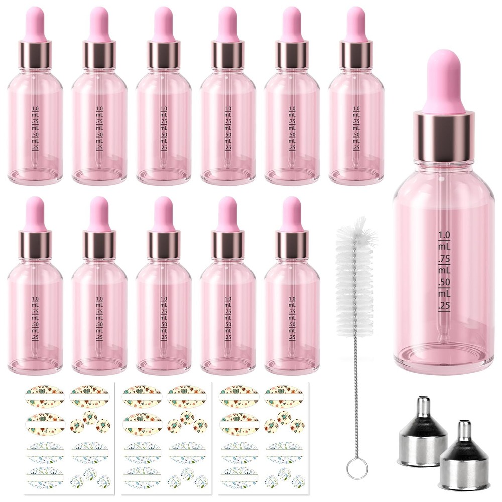 12 Pack (30 ml) 1 oz Pink Glass Boston Bottles with Glass Scale Eye Droppers,...