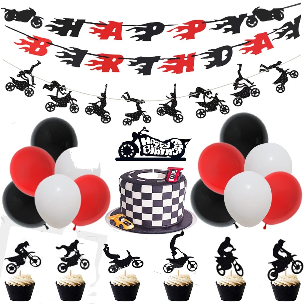60-Piece Dirt Bike Party Decor Set with Banner and Cake Toppers for Motocross Theme