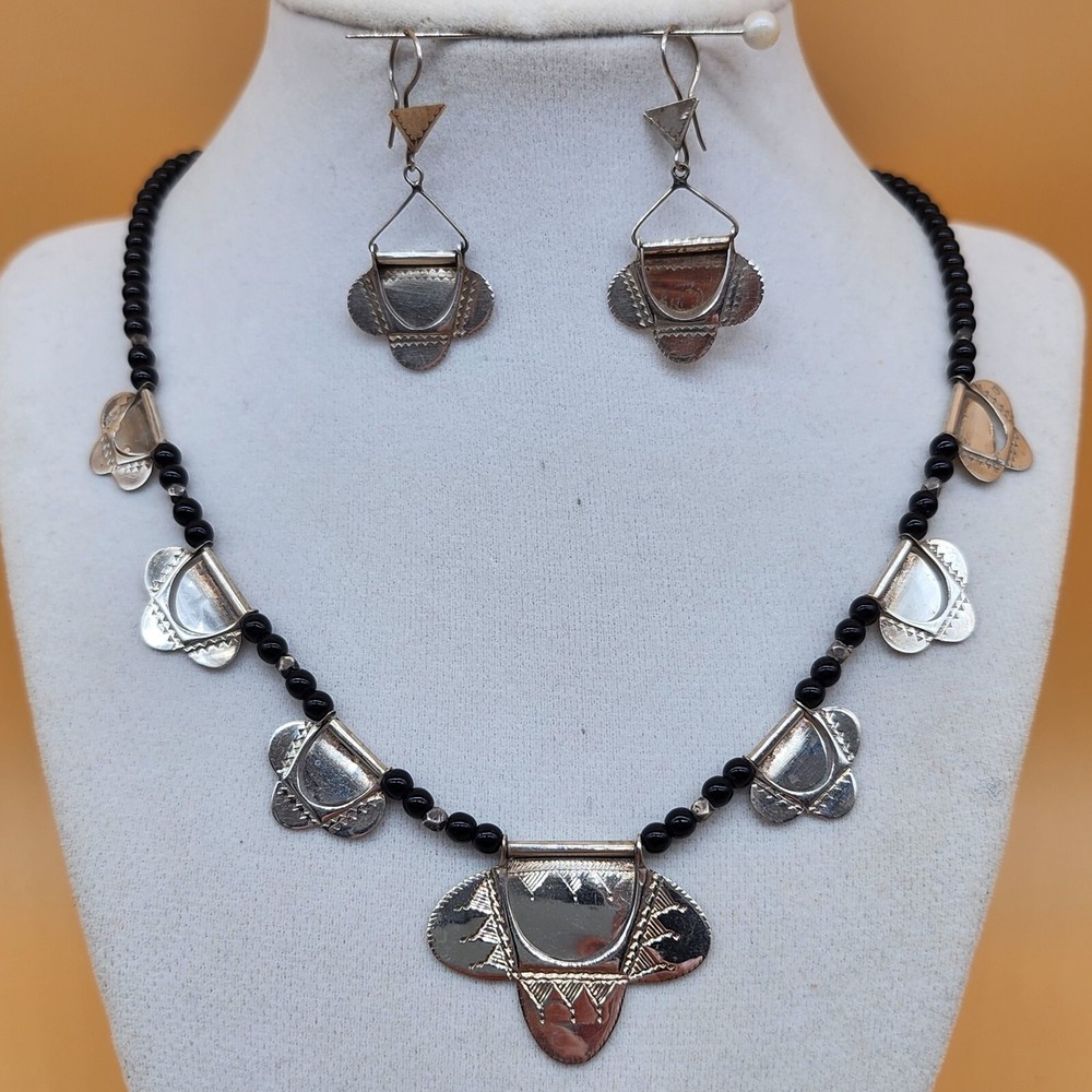 Sterling Silver Tribal Onyx Beaded Necklace and Dangling Earrings Set Handcrafted Ethnic Design