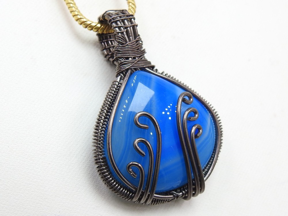 Blue Strip Agate Brass Pendant Silver Oxidised Polished Wire Wrapped Jewelry