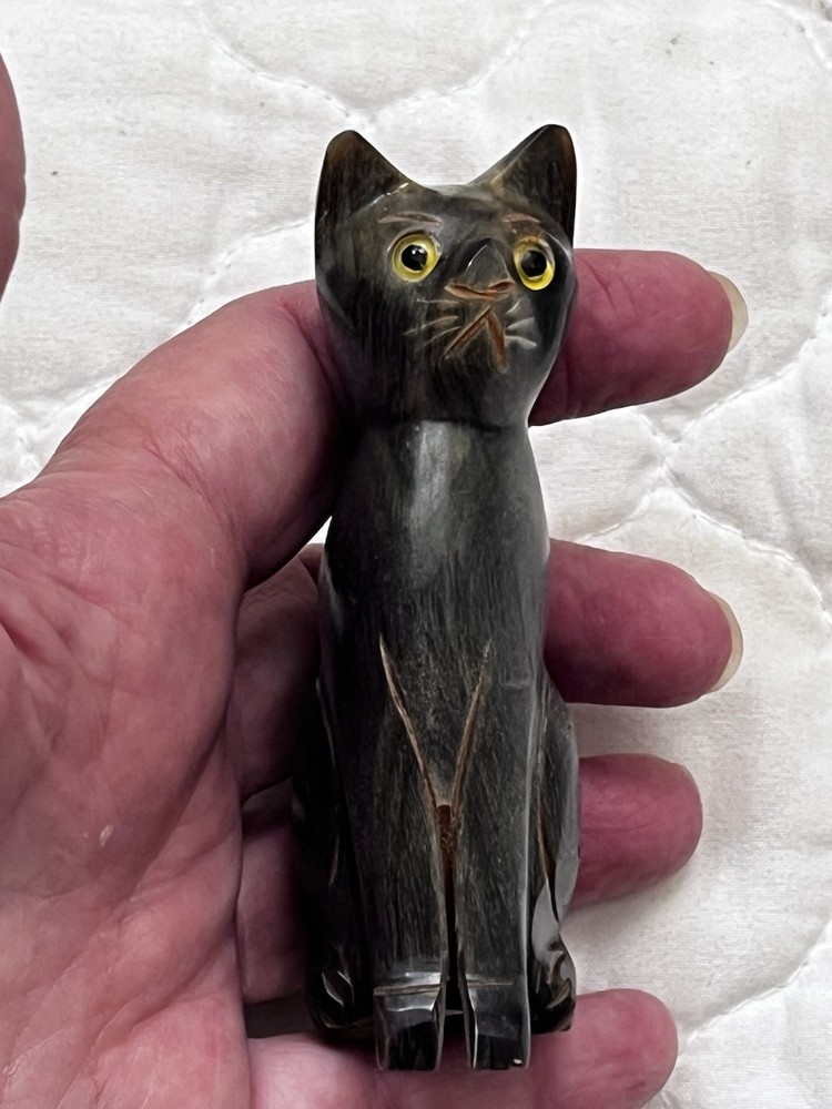 Hand Carved Wooden Cat Figurine Yellow Eyes Wood Animal Sculpture Home Decor