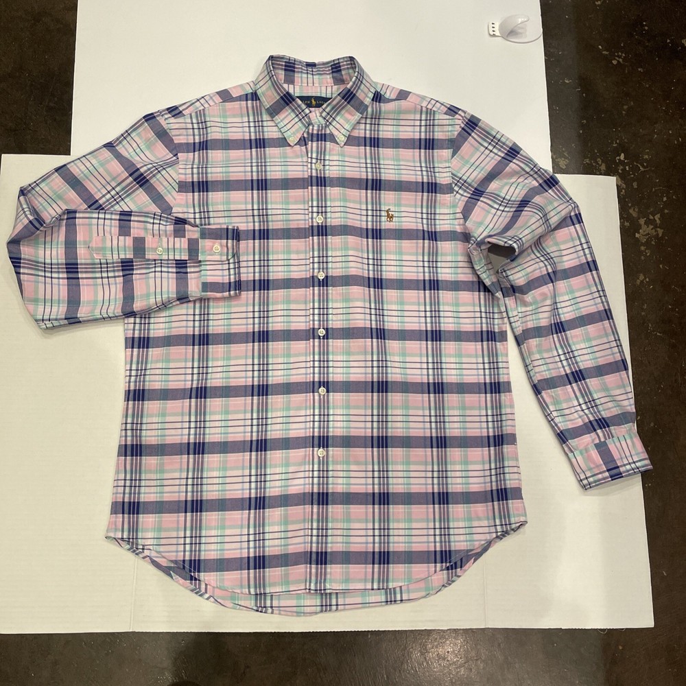 Ralph Lauren Classic Fit Blue/Pink/Green  Men's Button Down Long Sleeve Shirt Lg