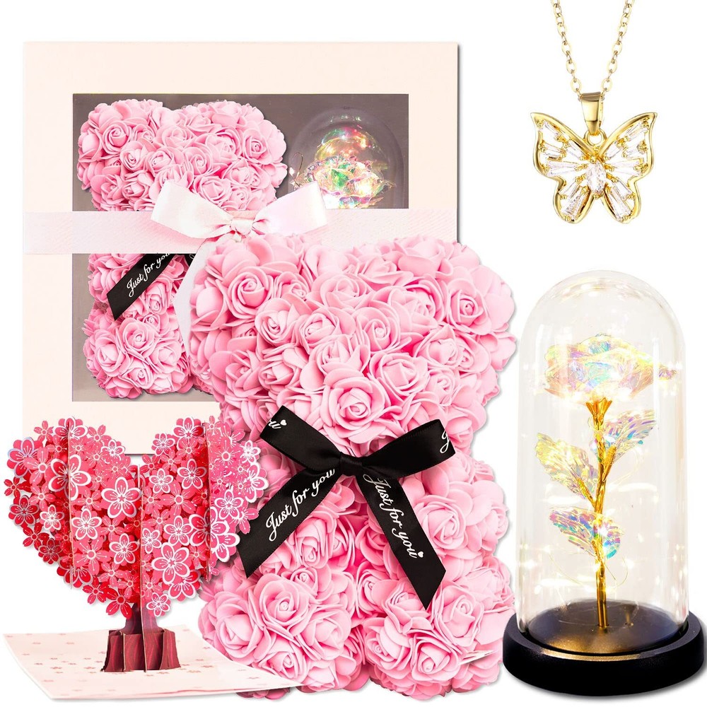 Valentine’s Day Rose Bear Gifts for Women Pop Up Card & Butterfly Necklace An...