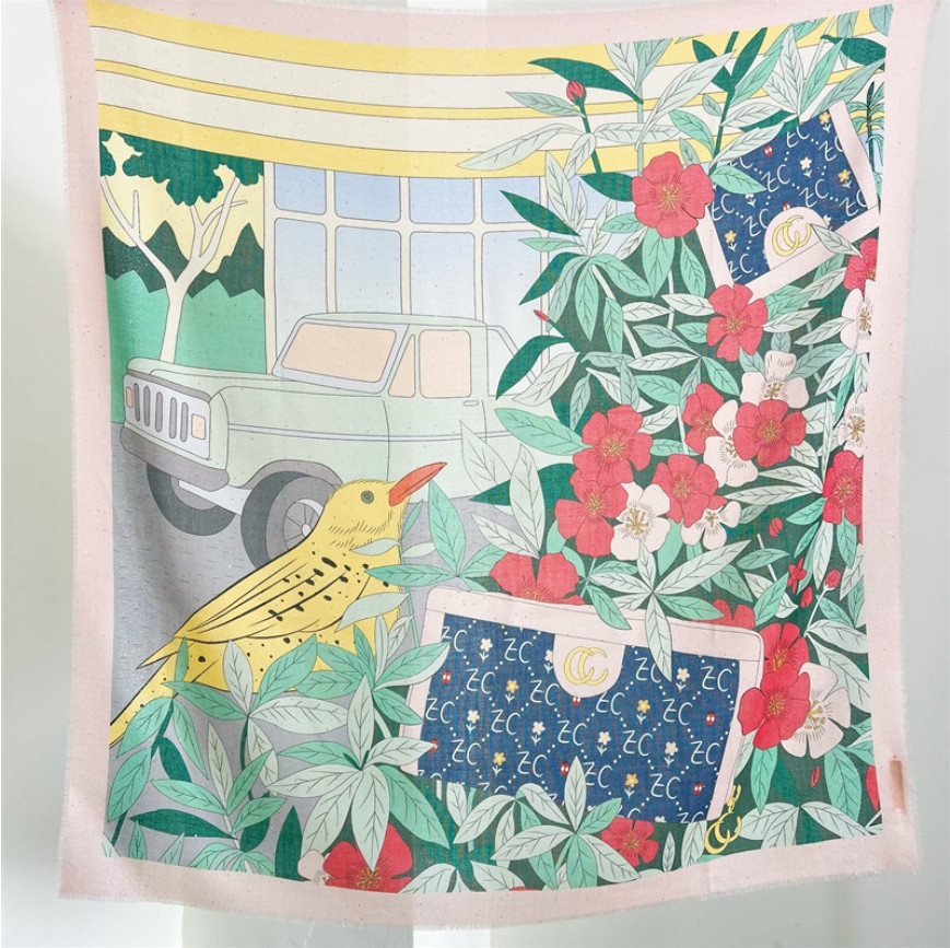 100cm Wool Floral Print Detachable Thin Square Car Scarf