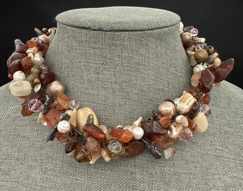 Vintage Necklace Various Beads Stones Glass Chips Abalone Shells Pearls Clusters