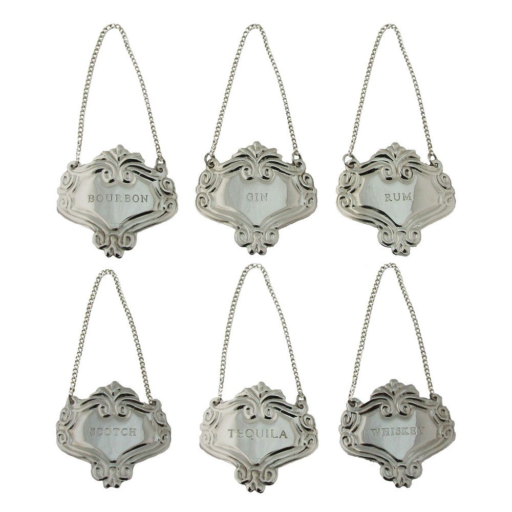 Silver Engraved Fancy Floral Decanter Labels Liquor Bottle Label Tag Set 6 Tags