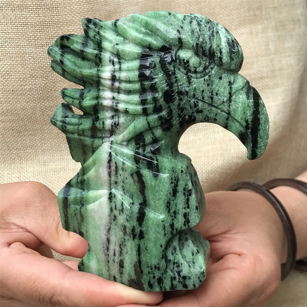 0.82kg Natural zoisite Quartz hand Carved eagle skull crystal Reiki xk396