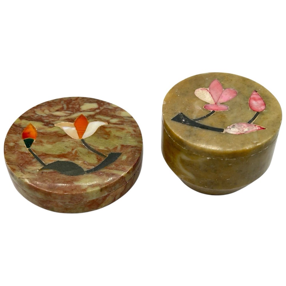 Vintage Carved Soapstone Trinket Boxes Mother Of Pearl Inlay Flowers Lot Of 2