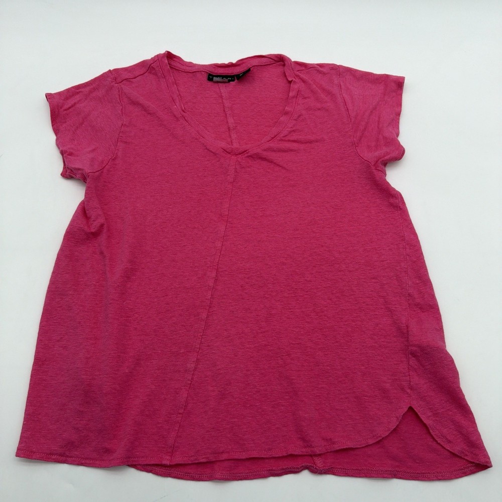Tahari 100% Linen T-shirt Women L Pink Solid V-Neck .#42247
