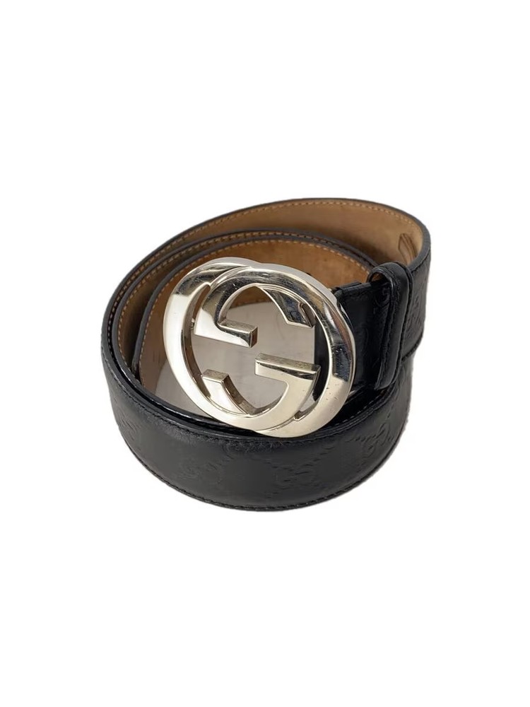 GUCCI Interlocking G GG Embossed Black Leather Belt for Men 36