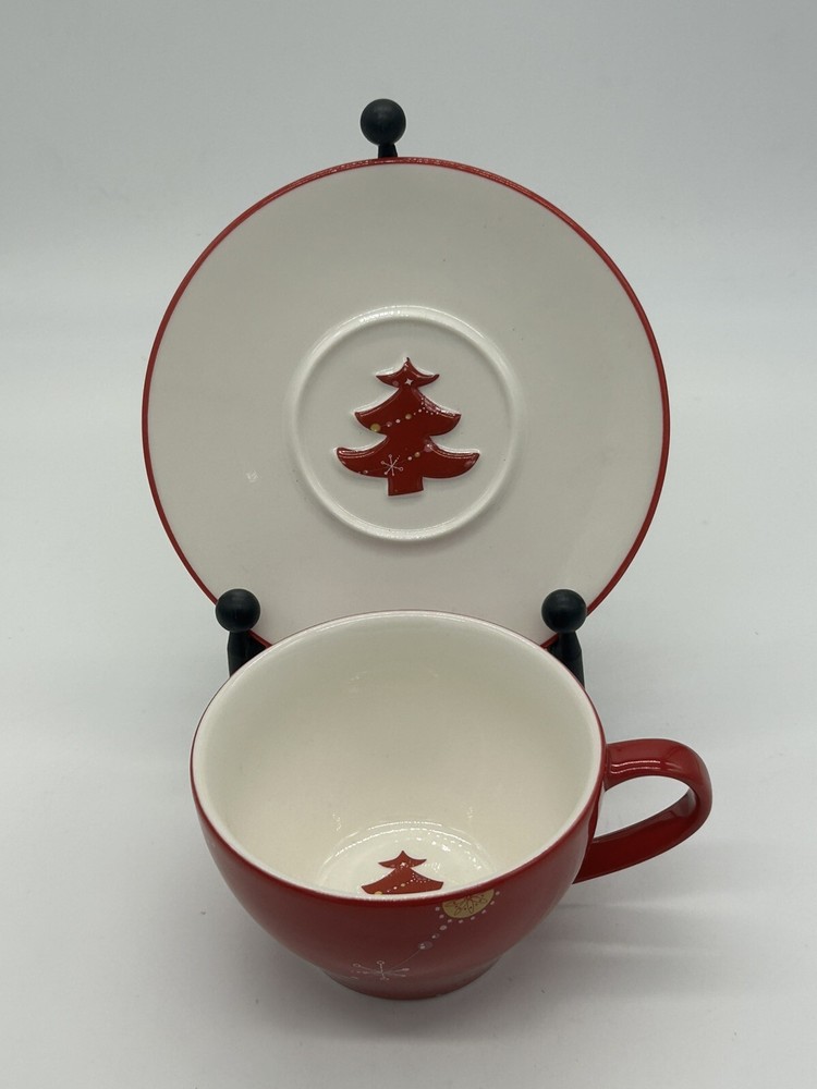 Starbucks Holiday 2006 Coffee Latte Cup & Saucer - Red w/ Christmas Tree