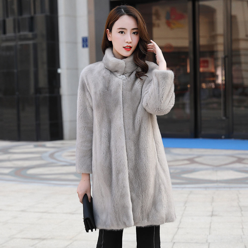 Mink Fur Velvet Coat for Women Mid-Length Stand Collar Elegant Casual Jacket Parka