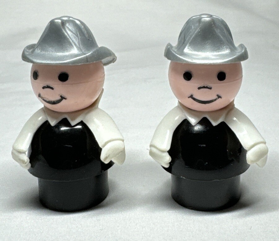 Two Vintage Fisher Price Little People Fireman Silver Hat Firefighter