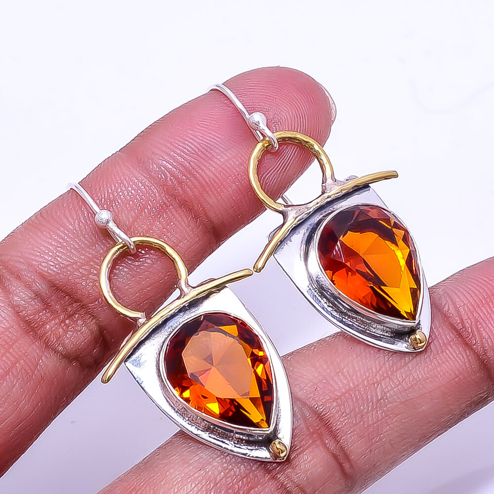 Golden Citrine Gemstone 925 Sterling Silver Handmade Two-Tone Earrings 1.95 Inch E116
