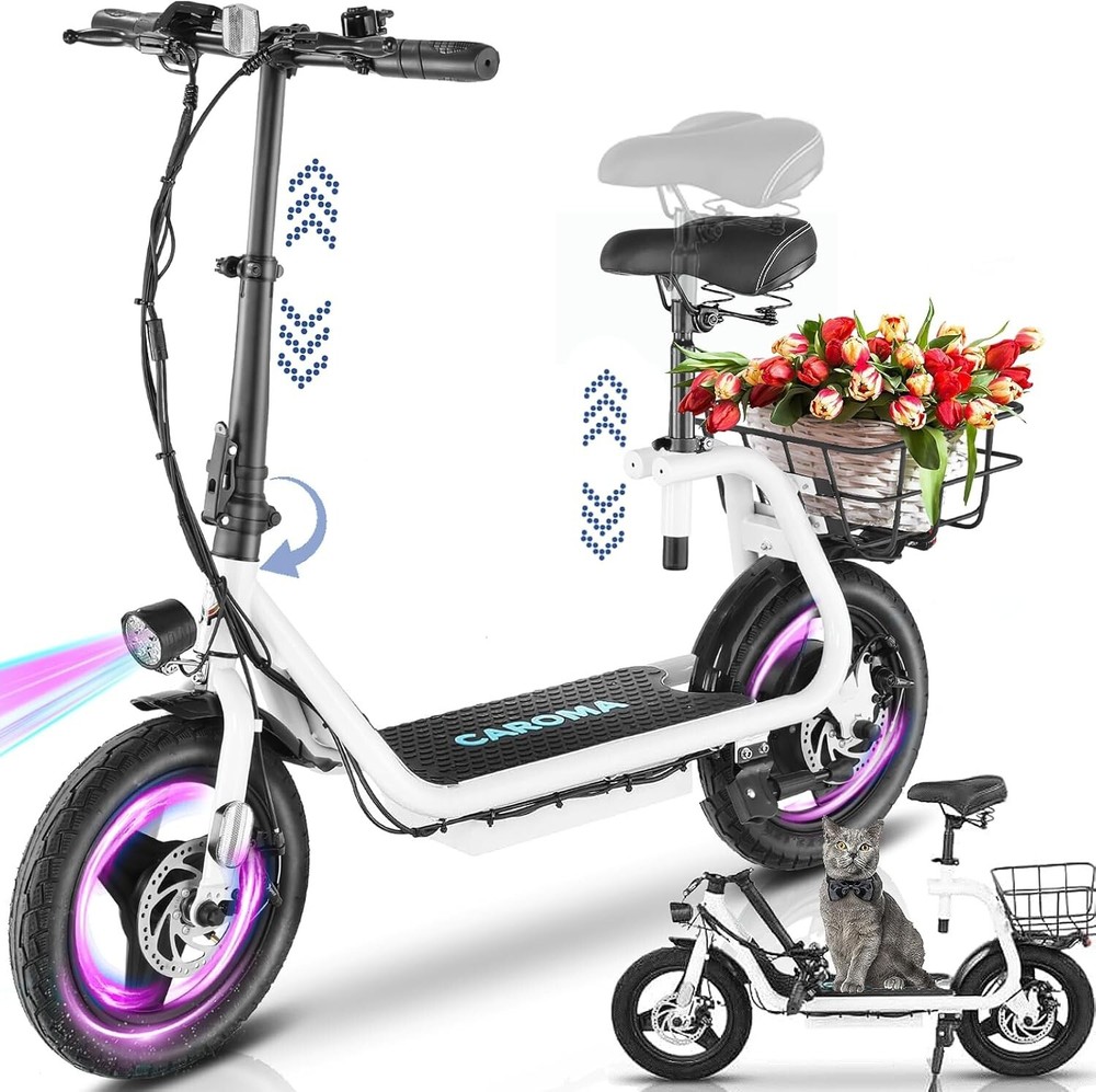 Caroma Peak 1200W Adjustable Electric Scooter with Seat&Basket for Adults Teens