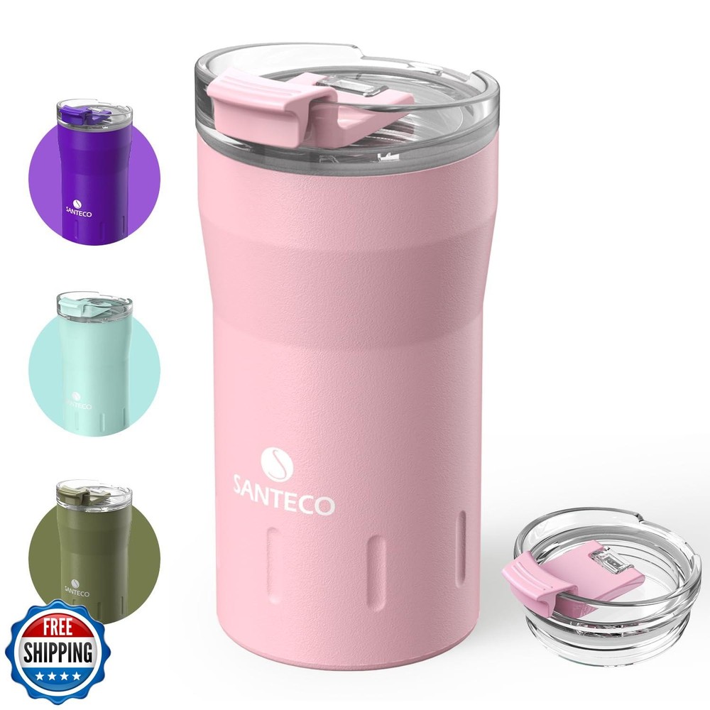 SANTECO 12 oz Insulated Travel Coffee Mug with Flip Lid Stainless Steel