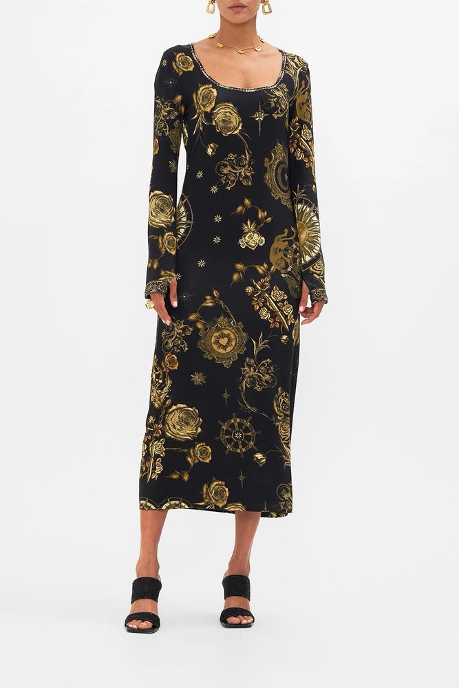 Camilla So Says The Oracle Square Neck Midi Jersey Rib Dress