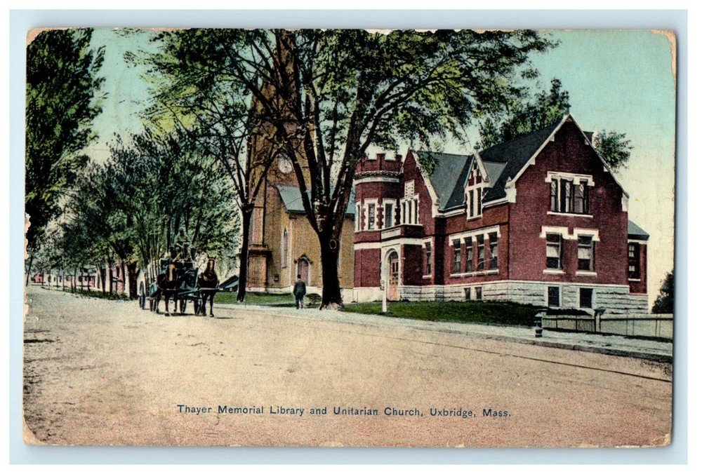 1922 Thayer Memorial Library, Uxbridge Massachusetts MA Antique Postcard