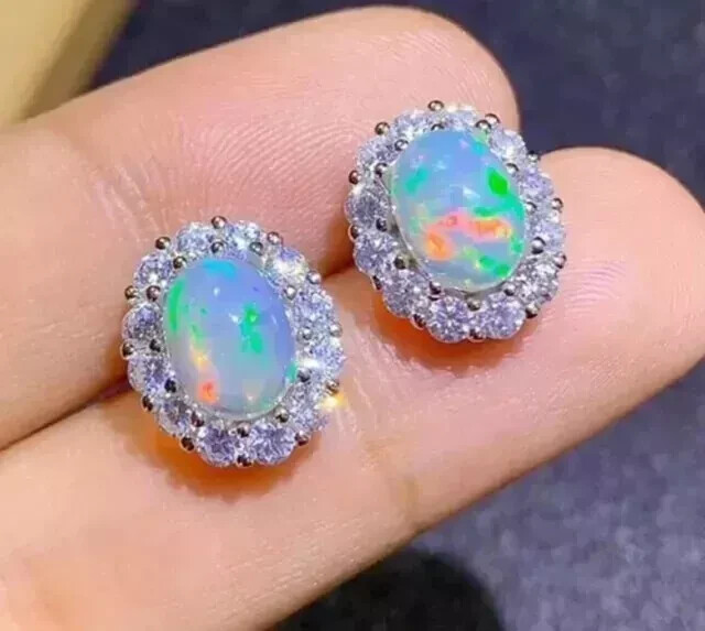 3Ct Oval Lab Fire Opal Halo Stud Earrings 14K White Gold Plated