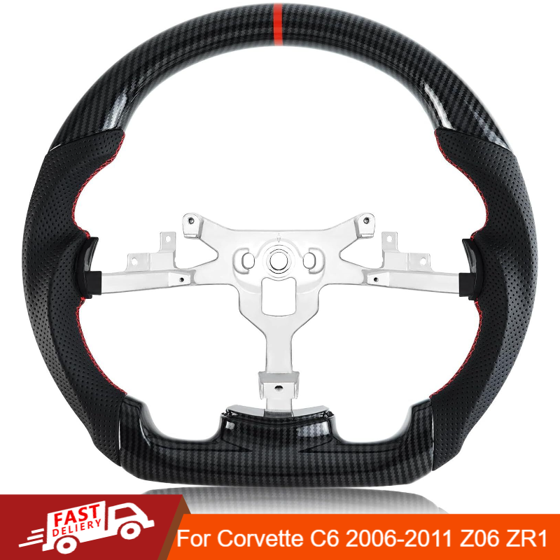 Hydro Dipped Carbon Fiber Steering Wheel with Red Line for Corvette C6 2006-2011 Z06 ZR1