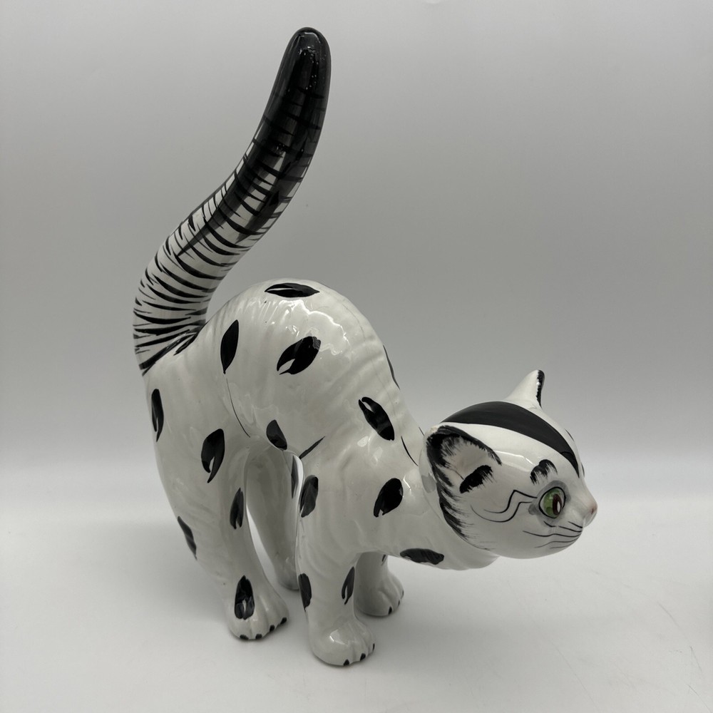 Vintage MCM Italy Ceramic Green Eye Black White Hunch Back Cat Rare Style READ