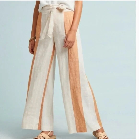Ett:twa Anthropologie Wide Leg Stipe Orange Linen Beachy Belted Pants Sz 2