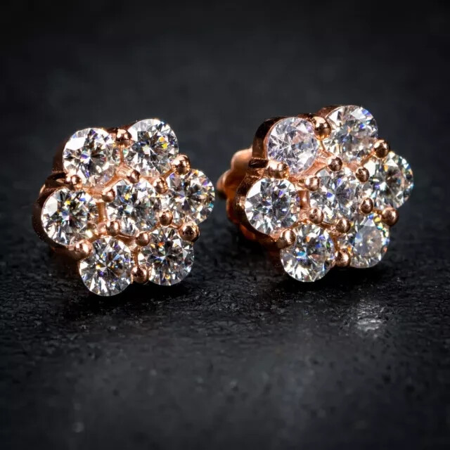 2.20Ct Round Simulated Diamond Unisex Cluster Stud in 14K Gold Plating