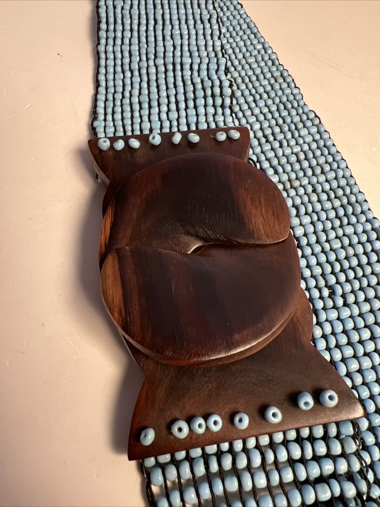 Vintage Gerda Lynggaard Boho Turquoise Wide Beaded Belt with Teak Buckle MCM