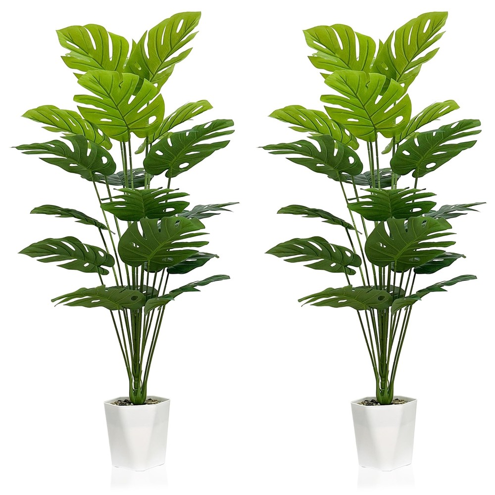 Set of 2 Artificial Monstera Deliciosa Plants in Pots, Fake Tropical Palm Tre...