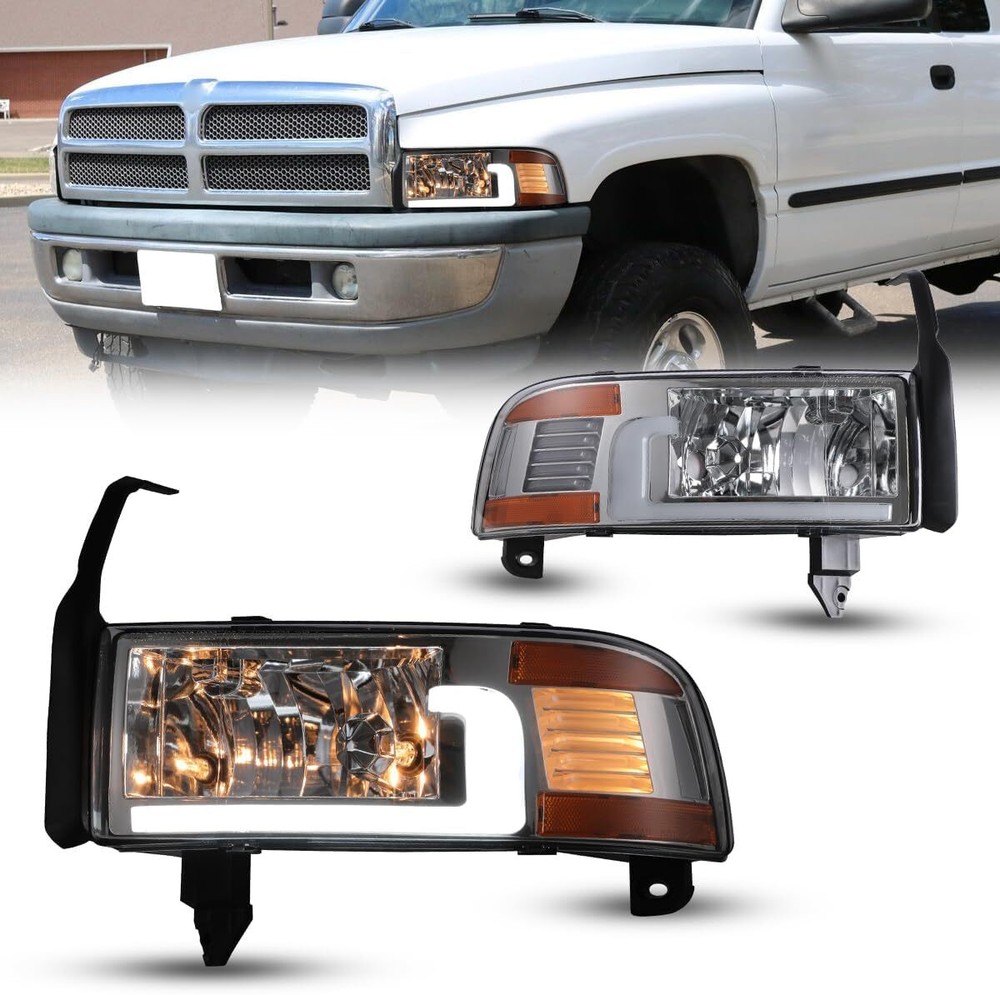 Black Headlights for 1994-2001 Dodge Ram 1500 2500 3500 4000 LED DRL Headlamps