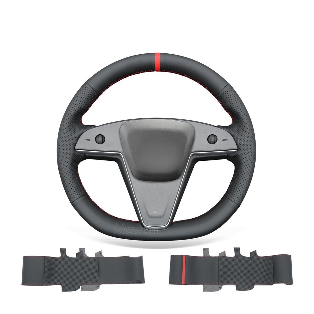 Handsewn Black Artificial Leather Steering Wheel Cover for Tesla Model S Model X
