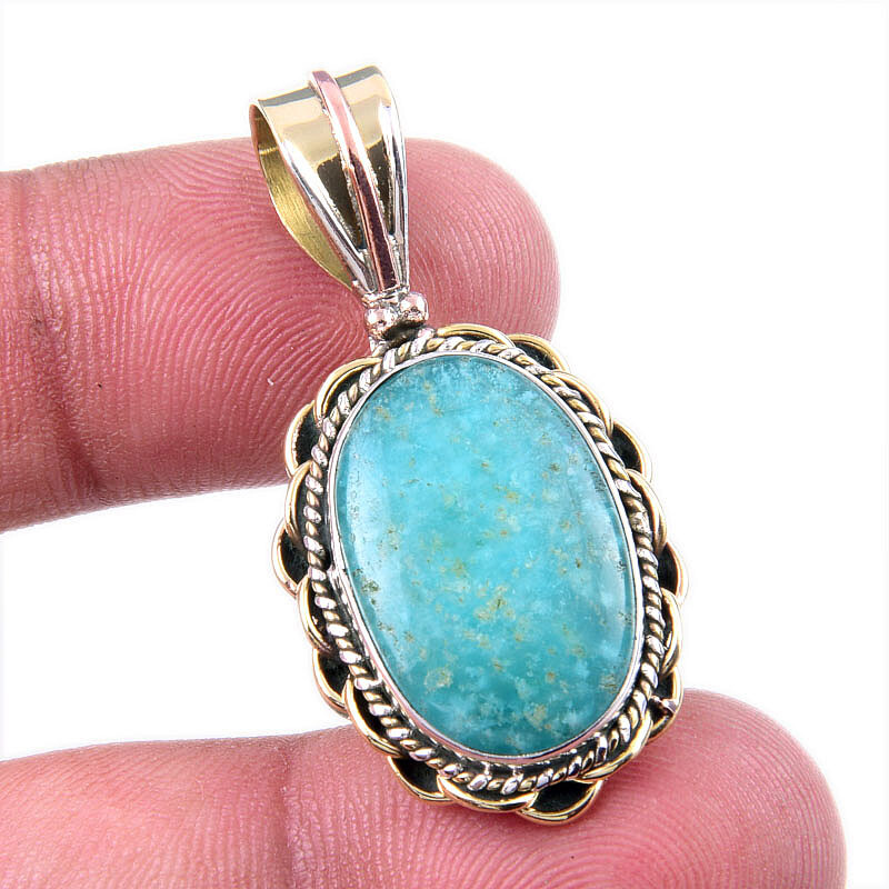 Amazonite Gemstone 925 Sterling Silver Two-Tone Pendant 1.5 Inch