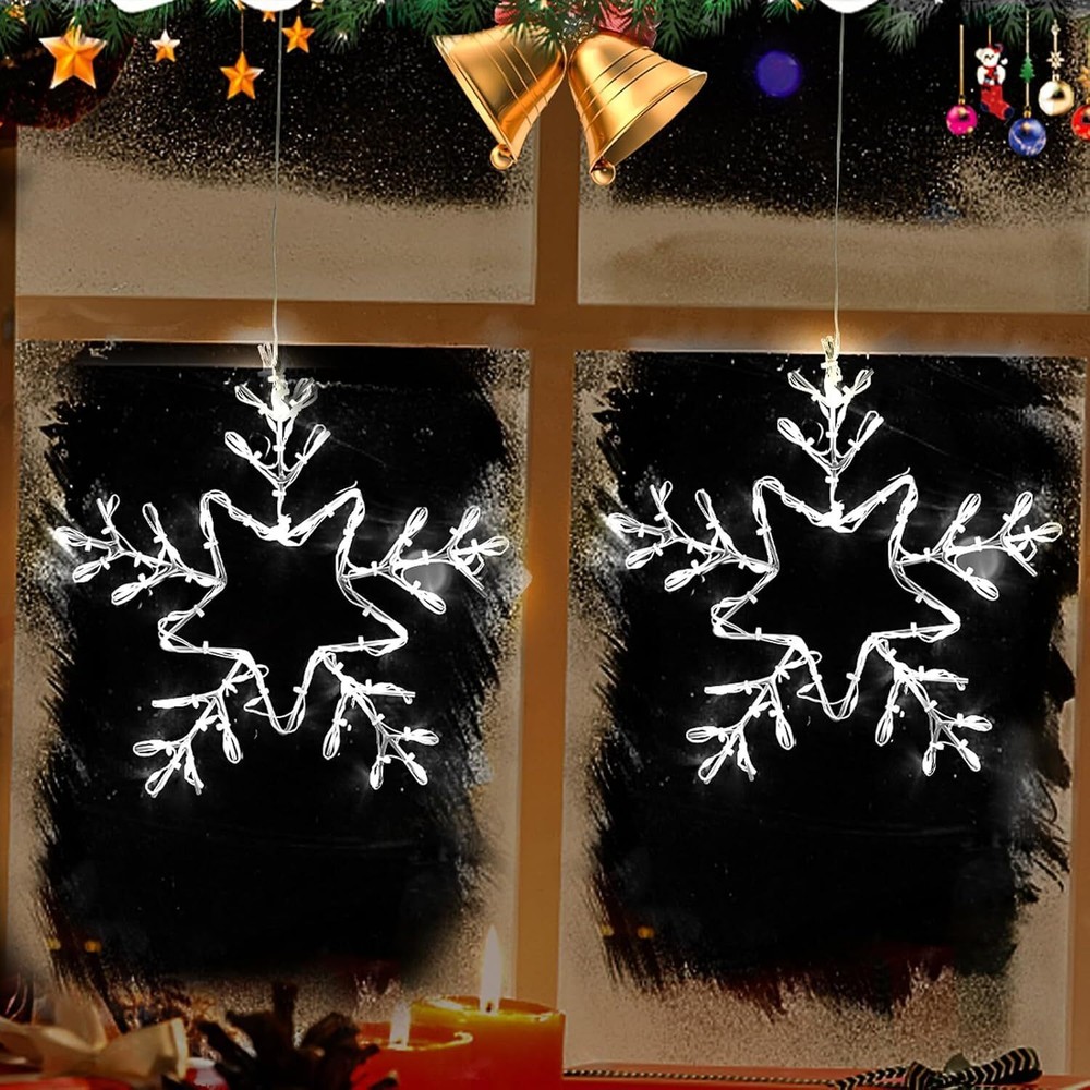 2 Pack Christmas Window Snowflake Lights, LED Hanging Decorations Iron Frame ...