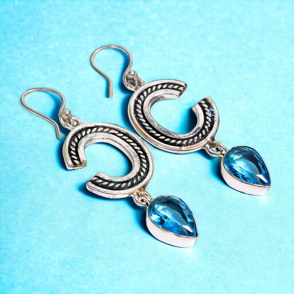 Gift For Her 925 Silver Natural Swiss Blue Topaz Drop/Dangle Birthstone Earrings