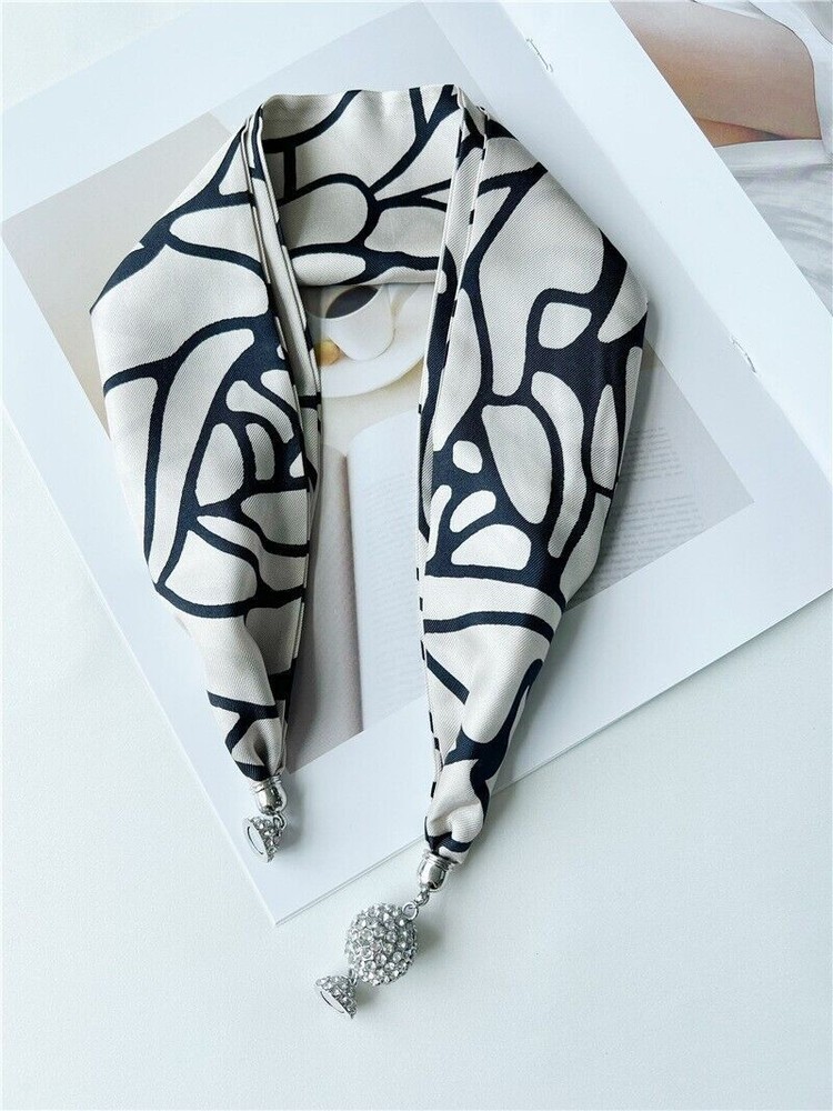 Camellia Print Silk Scarf with Rhinestone Magnetic Clasp  